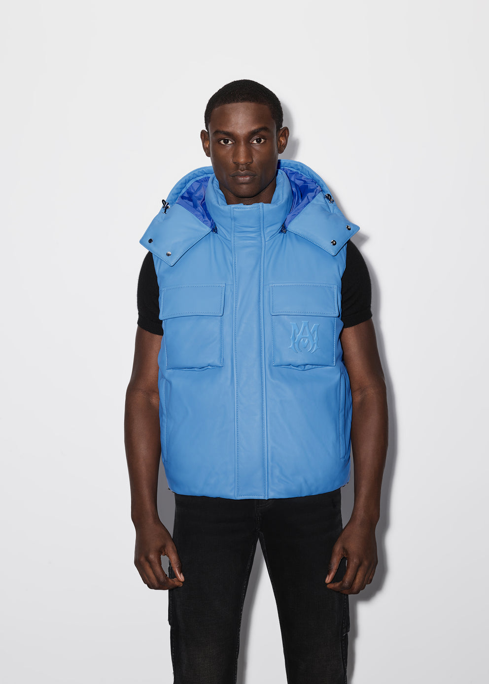 Leather Amiri Encapuchado Down Gilet Hombre Azules | 8294FMLVY